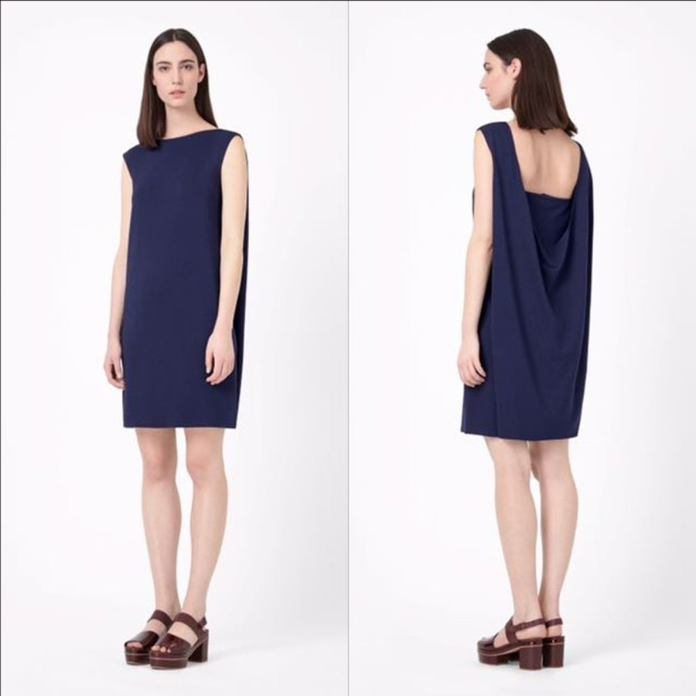 New COS straight bateau neck cape back low exposed cowl back midi shift dress